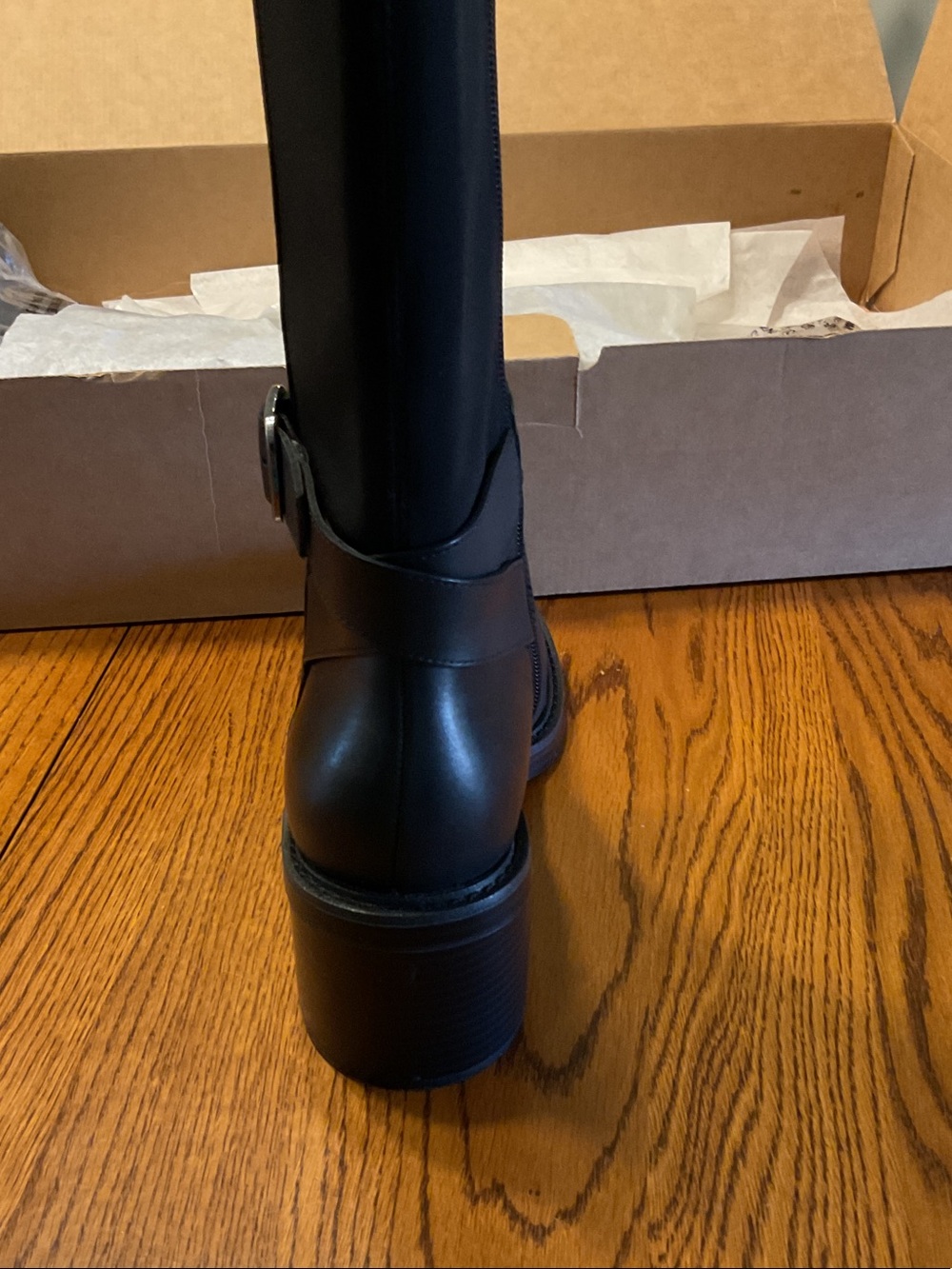 New Vince Camuto Black Leather Knee-High Buckle Boots, Stretch Fabric Back - Picture 3 of 8